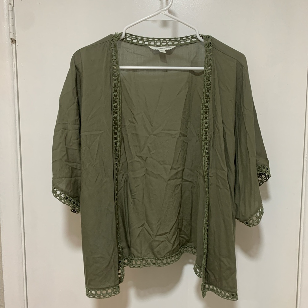 American Eagle Outfitters Olive Green Crochet-Trim Kimono